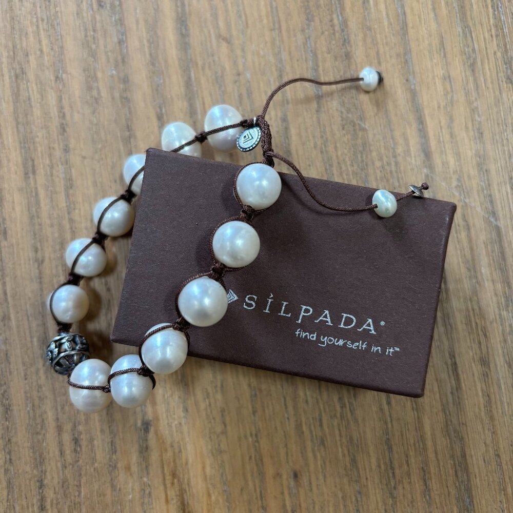 Silpada 925 Sterling Silver Rugged Pearl Brown Cord Adjustable Bracelet B2424 - Picture 3 of 3